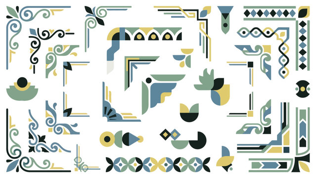 A large collection of decorative graphic design corner elements and border patterns in various styles and colors, perfect for creative projects.