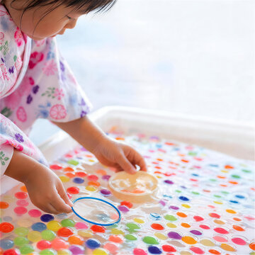スーパーボールすくいを楽しむ浴衣の子どもの手元