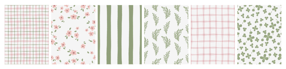 Obraz premium Seamless coquette patterns with delicate floral motifs, pink green gingham stripes, and vintage ditsy flowers, romantic wallpaper backgrounds. Vector set of cute spring designs, girly fashion prints
