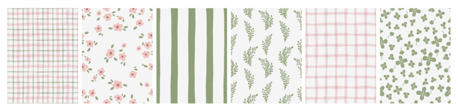 Seamless coquette patterns with delicate floral motifs, pink green gingham stripes, and vintage ditsy flowers, romantic wallpaper backgrounds. Vector set of cute spring designs, girly fashion prints