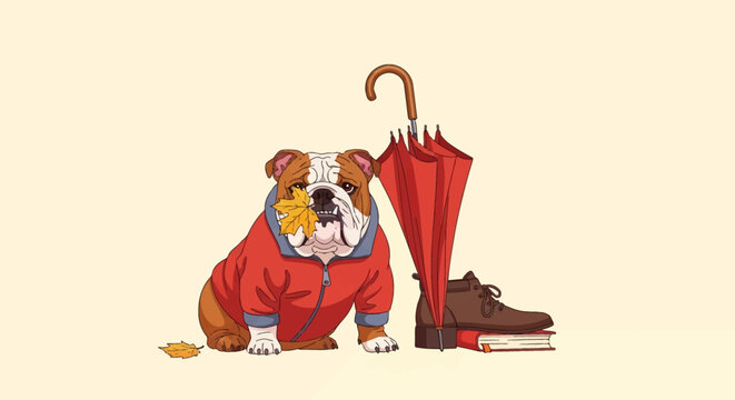 Illustration of an English bulldog in a red jacket holding a yellow autumn leaf, standing next to a folded red umbrella and a brown boot on a red book against a light cream background.
