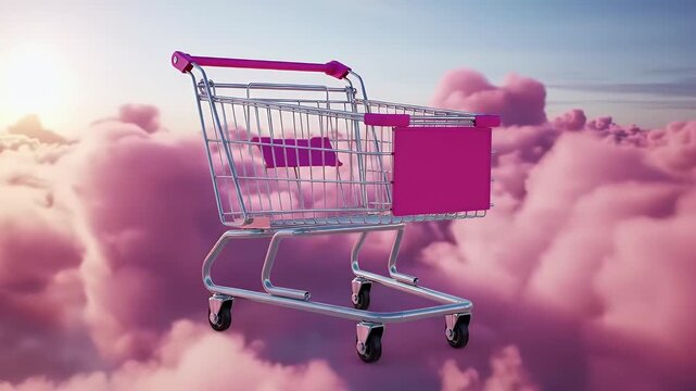 A pink shopping cart floats among soft pink clouds at sunrise