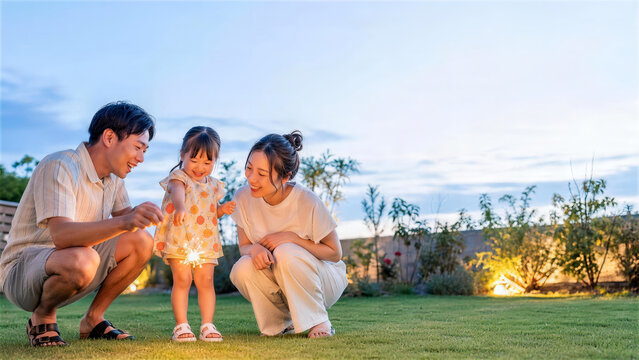 夏の夕暮れに家族で線香花火を楽しむ日本人親子