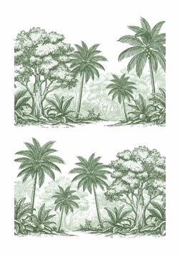 Vintage green engraved jungle landscape seamless borders featuring palm trees, large deciduous trees, and lush tropical foliage in a hand-drawn etching style on a white background.