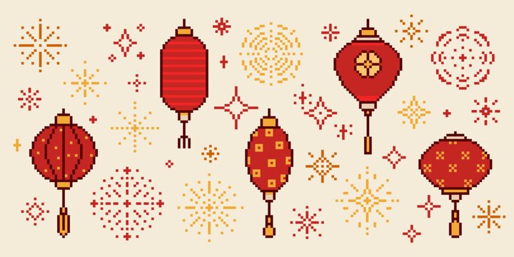 Chinese pixel art icons of festive fireworks, red paper lanterns, retro 8-bit vector japaniese game designs on white background. Traditional Asian exploding firecrackers, party patterns