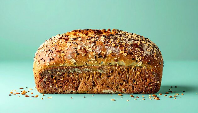 A seeded multigrain bread with visible grains and seeds, rustic bakery styling, pastel mint green background, high detail

