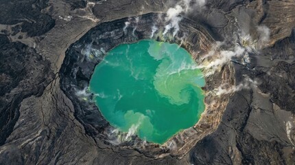 Fototapeta premium Emerald Crater Lake: An aerial view of a vibrant, turquoise crater lake nestled within a volcanic landscape, steam rising from the rugged terrain.