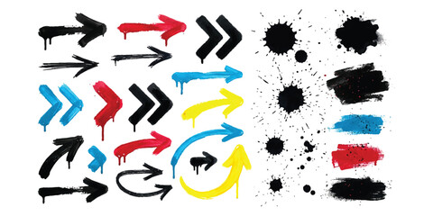 Collection of colorful graffiti arrows and ink paint splatters for street art design © md