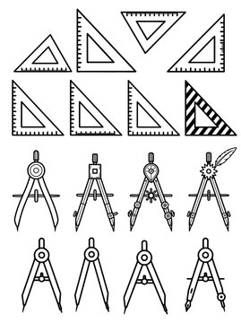 Geometry set triangles and draftsman compass grid. Flat black outlines of professional architect set square and divider caliper tools isolated on white background.