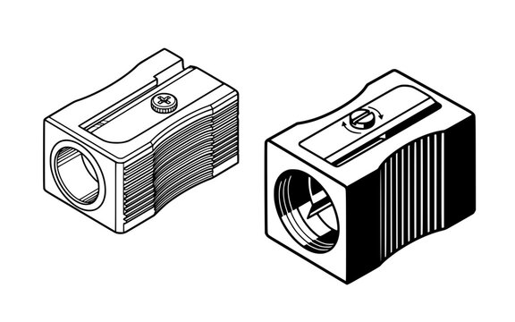 Minimalist Line Art Vector Illustration of a Manual Plastic Pencil Sharpener from Two Angles.