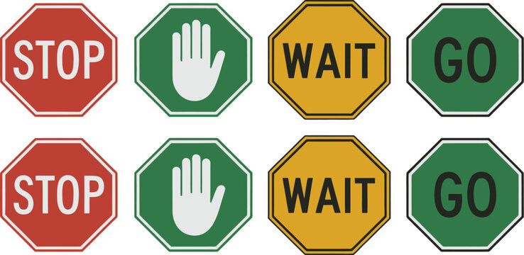 Traffic sign icons set, stop wait go signals with red yellow and green lights for road safety and traffic control systems.