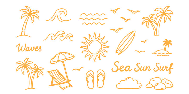 Summer vacation icons set with beach elements sun palm trees surfboard waves and holiday objects