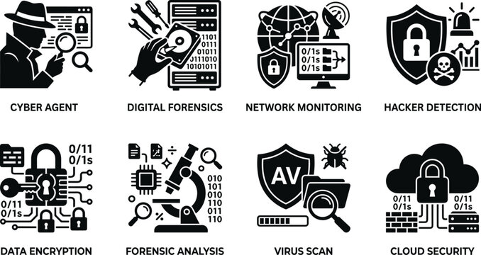Cybersecurity and Digital Forensics Black Silhouette Vector Icons for Data Protection and Network Security Concepts