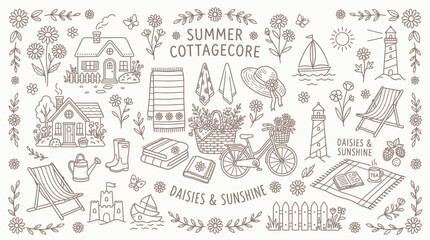 Obraz premium Charming Cottagecore Summer Elements Collection with Daisies, Sunflowers, and Beach Scenes.