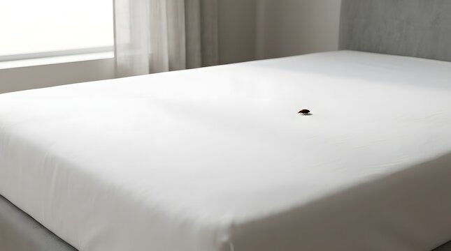 Minimalist bedroom with white bed sheet and single ladybug