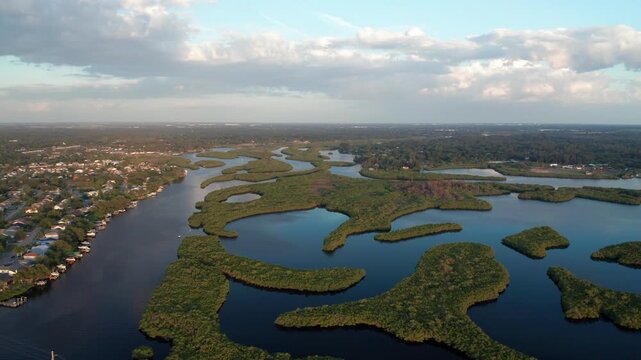 Mangrove-covered shapes curve through calm blue channels beside a suburban waterfront neighborhood under soft afternoon light.