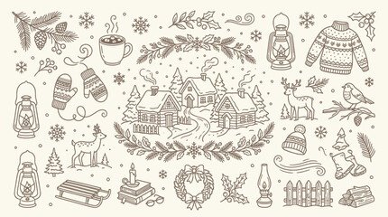 Charming Hand-Drawn Winter Village Elements and Decorations. © Bara