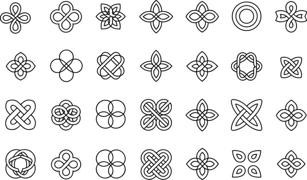 Celtic knot vector set with minimalist black line art geometric symbols loops and sacred symmetry ornaments