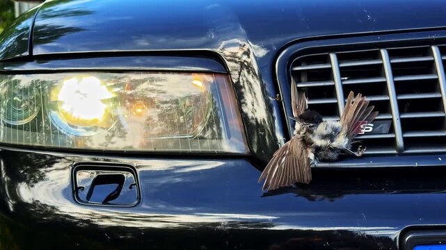 Wild sparrow bird hit by car and stuck in front grille after road collision showing dead small wildlife casualty of vehicle accident