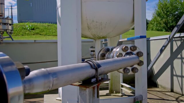 Close up of polished stainless steel gas station pipes with bolted flange connections hex bolts and white storage tank at outdoor industrial facility