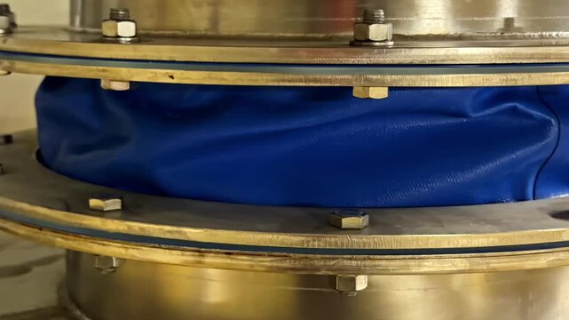 Close-up of blue fabric expansion joint compensator connecting two bolted metal flanges with hex nuts in industrial ventilation ductwork system at factory plant