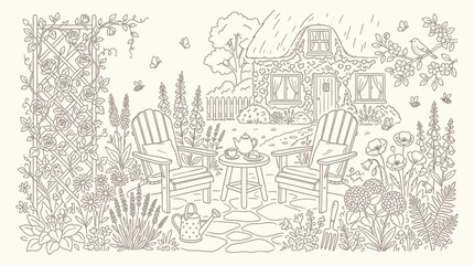 Obraz premium Charming Cottage Garden Scene with Adirondack Chairs and Tea Set.