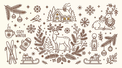 Cozy Winter Scene with Deer, Cabin, and Festive Decorations. © Bara