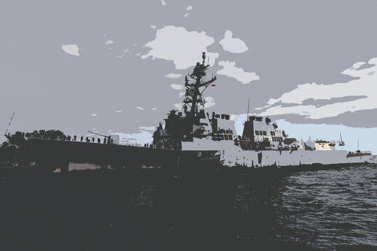 
GUIDED MISSILE DESTROYER - An American warship sails to sea port
