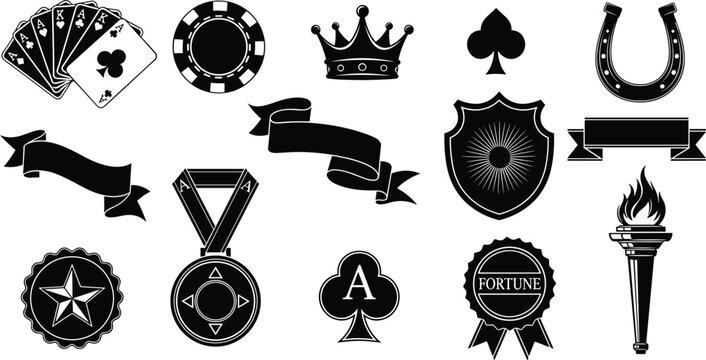 Casino Fortune Vector Set with Playing Cards Poker Chip Crown Horseshoe Torch and Luck Badges