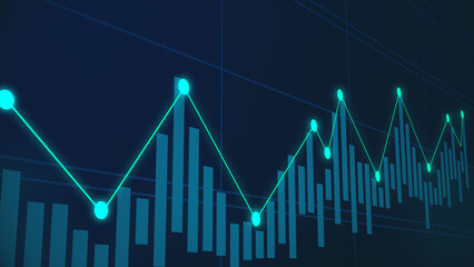 Naklejka premium Financial line graph and bar chart on abstract blue grid background.