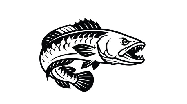 Aggressive snakehead fish illustration in black and white vector style.