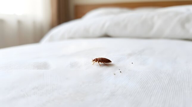 Close-up of a bed bug on white mattress in bright bedroom