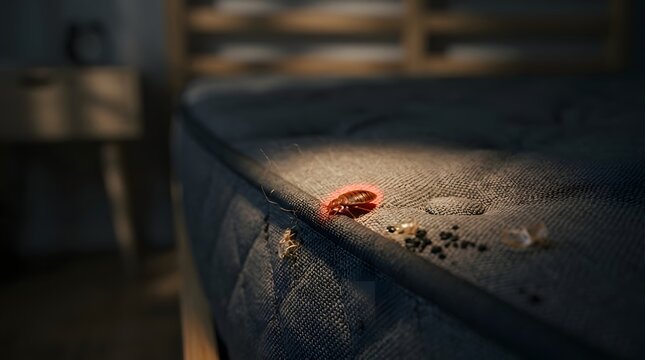 Close-up of bedbug infestation on mattress in dimly lit bedroom
