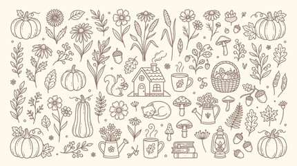 Autumnal doodle collection with pumpkins, flowers, leaves, and cozy elements. © Bara