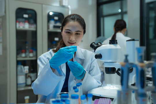 Life scientists researching in a modern lab,  biotech innovation, medical analysis, DNA research, and healthcare science in a clean.
