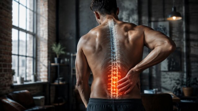 A man clutching his lower back with a digital spine glow, visualizing lumbar injury and pain for professional orthopedic and clinical medical contexts
