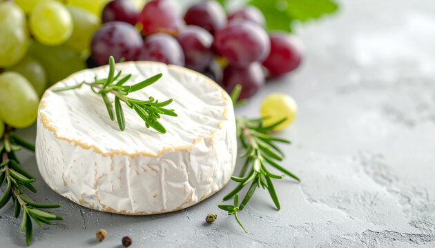 Round soft cheese with fresh herbs and grapes, dairy product, natural organic snack, rustic gourmet styling. Tasty food. Appetizing and fresh. Close-up.
