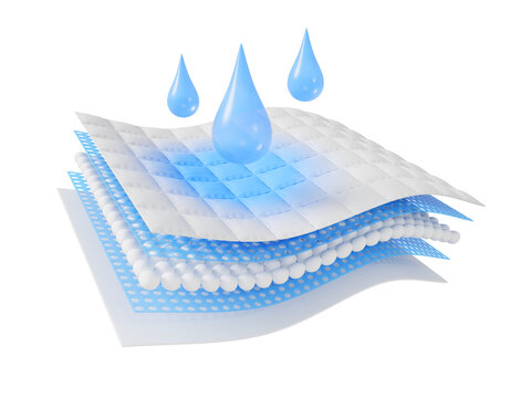 Absorbent fabric texture 3d icon with blue water drops and wet spot, 5 layer effect. Cotton or microfiber material, fiber structure. Absorption baby diaper, sanitary pad, cloth napkin