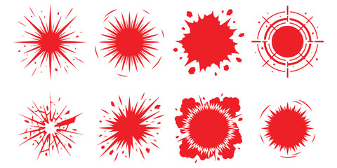 Set of eight red comic book style explosion and burst shapes for graphic design elements © md