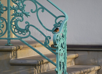 Mały ptak pleszka (Phoenicurus phoenicurus) na kutej, miętowej balustradzie w świetle poranka. © Joanna