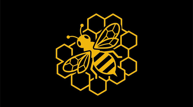 A large bee flies amidst a cluster of hexagonal honeycombs in a sunny apiary scene with a black background.