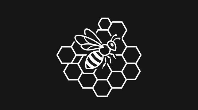 A white line drawing of a bee on a honeycomb against a black background.