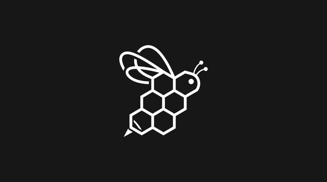 A white illustration of a bee flying near a honeycomb on a black background.