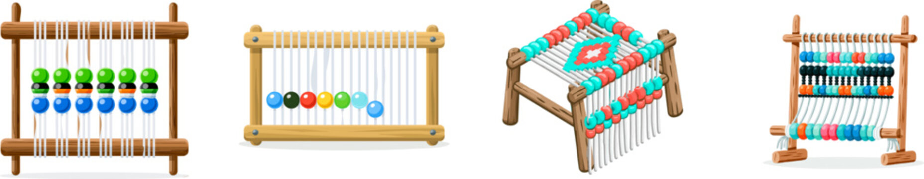 A flat vector illustration of a traditional beadwork loom features rows of colorful glass seed beads woven into a geometric Native pattern on white threads, all isolated against a solid white