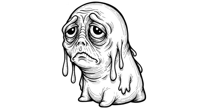 Sad melting blob monster ink drawing.