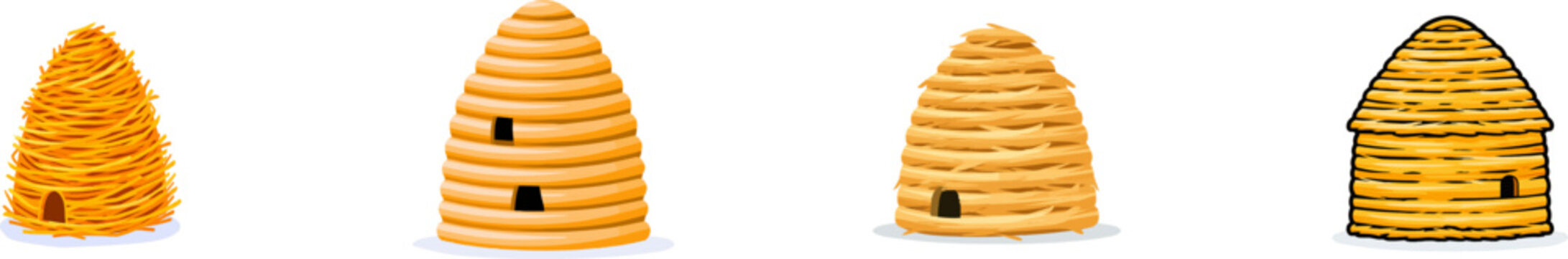 A traditional bee skep, intricately woven from golden-yellow straw in a flat vector style, stands isolated on a solid white background with clean outlines and a tiny entrance hole