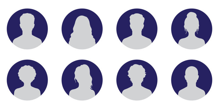 Default avatar profile icon. black placeholder. Man and woman silhouette style. Eight black silhouette user profile icons in gray circles depicting various male and female hairstyles