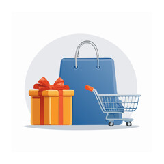 Fototapeta premium Blue shopping cart with gift box and present