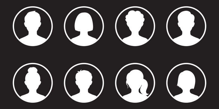 Men and women head business silhouette icon set. Human black avatar vector in line circle isolated on white. Male and female profile picture illustration.