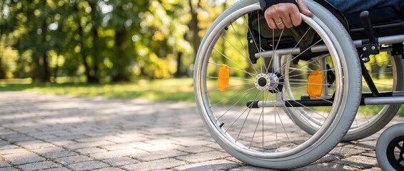 Fototapeta premium Disabled person in a manual wheelchair in a bright sunny green park environment.